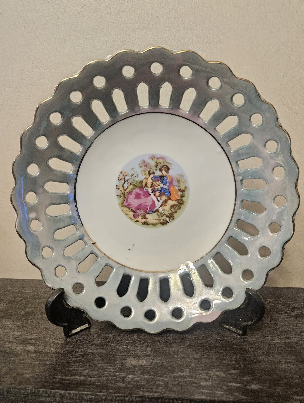 Vintage Reticulated Porcelain Lattice Edge Plate - Courting Couple Scene